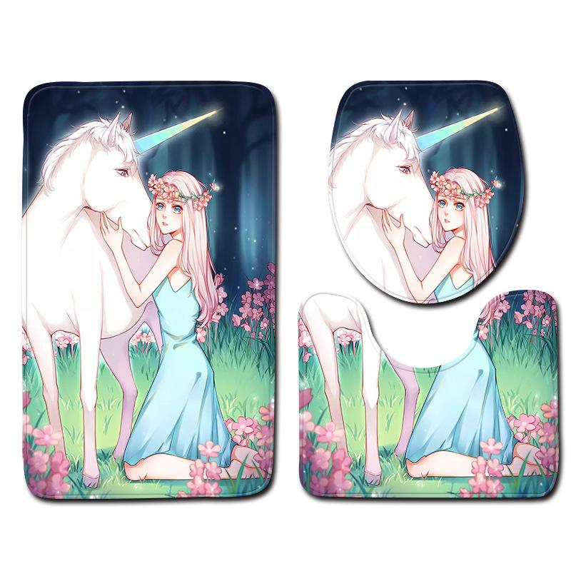 Unicorn Bathroom Toilet Three-Piece Floor Mat Doormat Bathroom Carpet