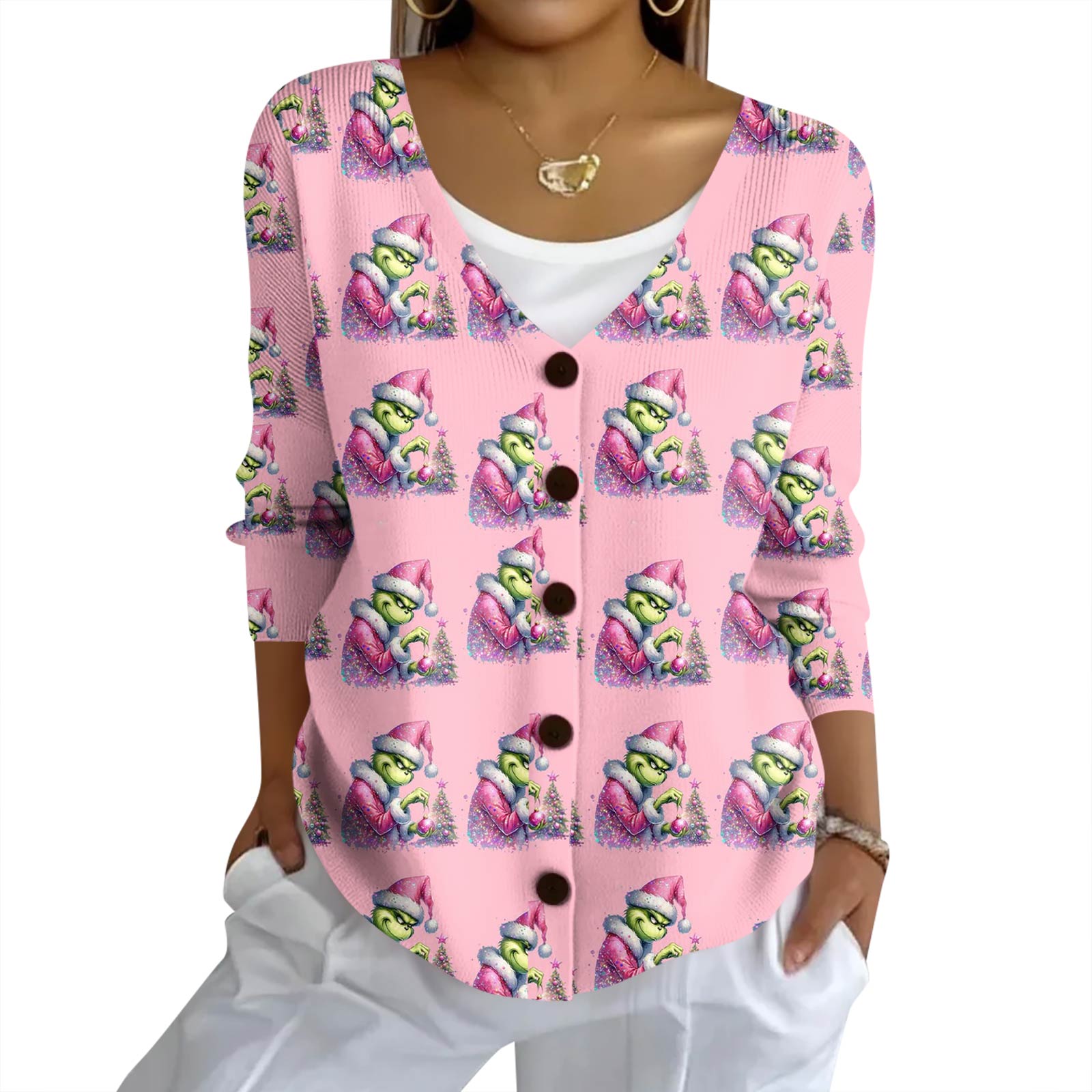 

Женский модный повседневный вязаный свитер на пуговицах, кардиган-жакет с рождественским принтом XL розовый