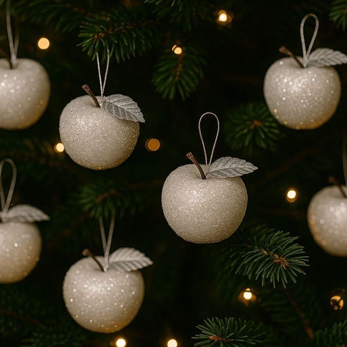 Vánoční ozdoby - SIROCO - Balení 18 zasněžených jablek - Bílá - Stříbrná - 5 cm