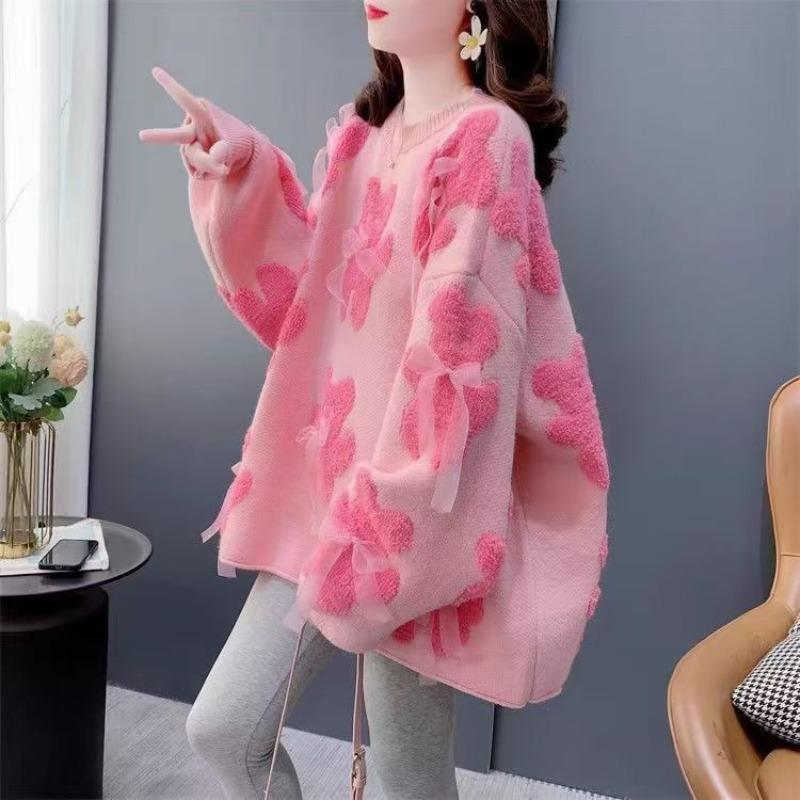 

Женский свитер средней и длинной длины, новый вязаный свитер на осень и зиму, свободный, ленивый, с круглым вырезом, топ с медведем one size fits all