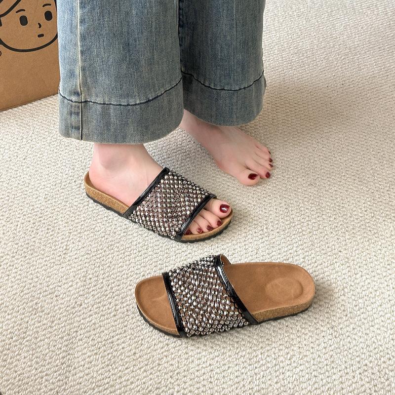 

Women s cool slippers 2025 new summer one-word with rhinestone hollow flat-bottomed slippers wear beach shoes 35 чёрный