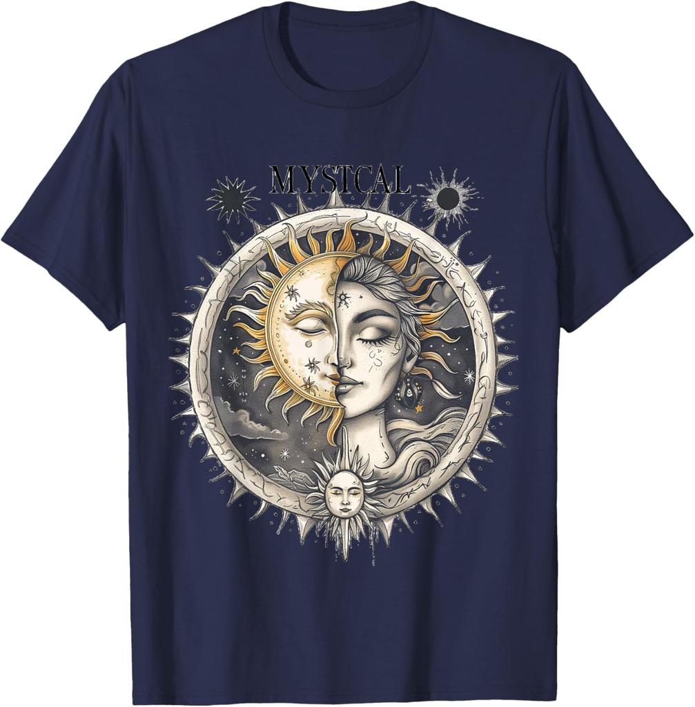 Mystical Sun Moon Face Woman Graphic Tee Soft Cotton Casual Round Neck T-Shirt for Men
