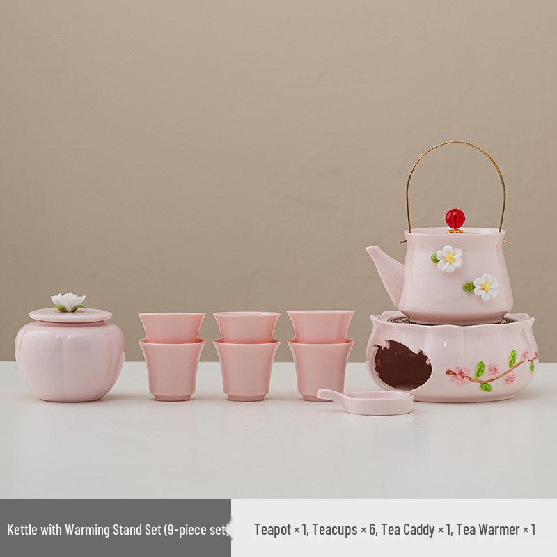 Women's Pink Ceramic Gongfu Tea Set with Teacup, Saucer, and Floral Handle Pot