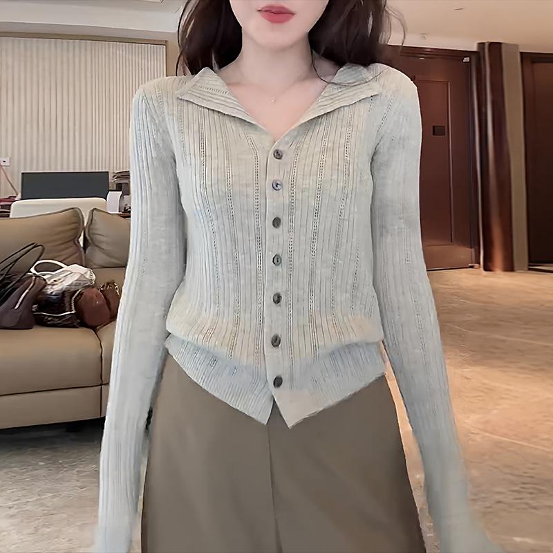 Commuter versatile lapel gray hollow long-sleeved knitted sweater women's autumn and winter sweater cardigan Korean temperament slim-fit top