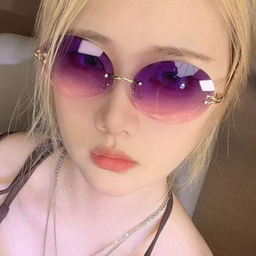 Rimless Oval Sunglasses Men New Fashion Vintage Gradient Casual Shades Women Trendy Luxury Brand Design Sun Glasses