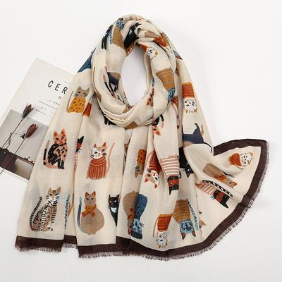 Bufanda de moda con flecos de gato estampado para mujer, bufanda de algodón y viscosa, bufanda para viajar con protección solar, bufanda con estampado de animales 180*85cm