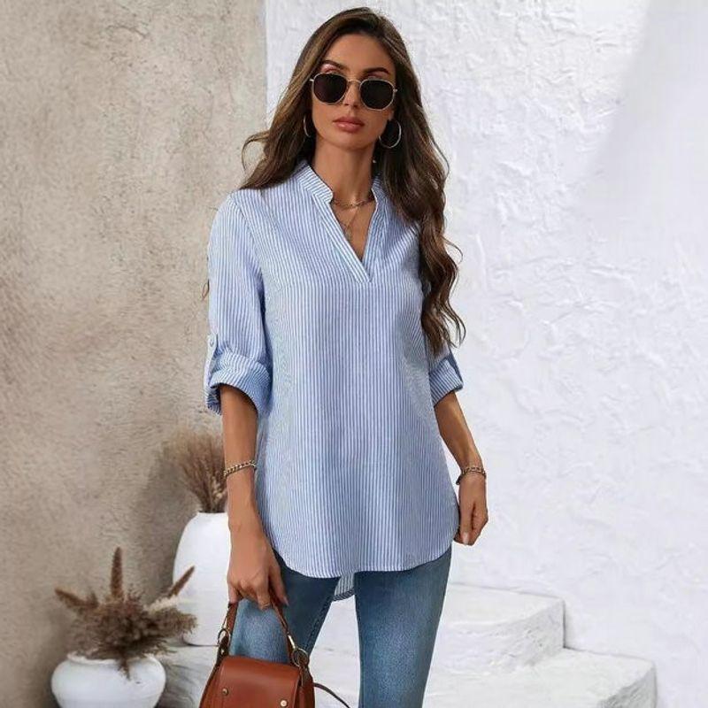 Cross-Border Hot Sale New Small V Stand Collar Fashion Casual All-Match Blue Stripes Button Drop-Shoulder Long-Sleeve Shirt Coat