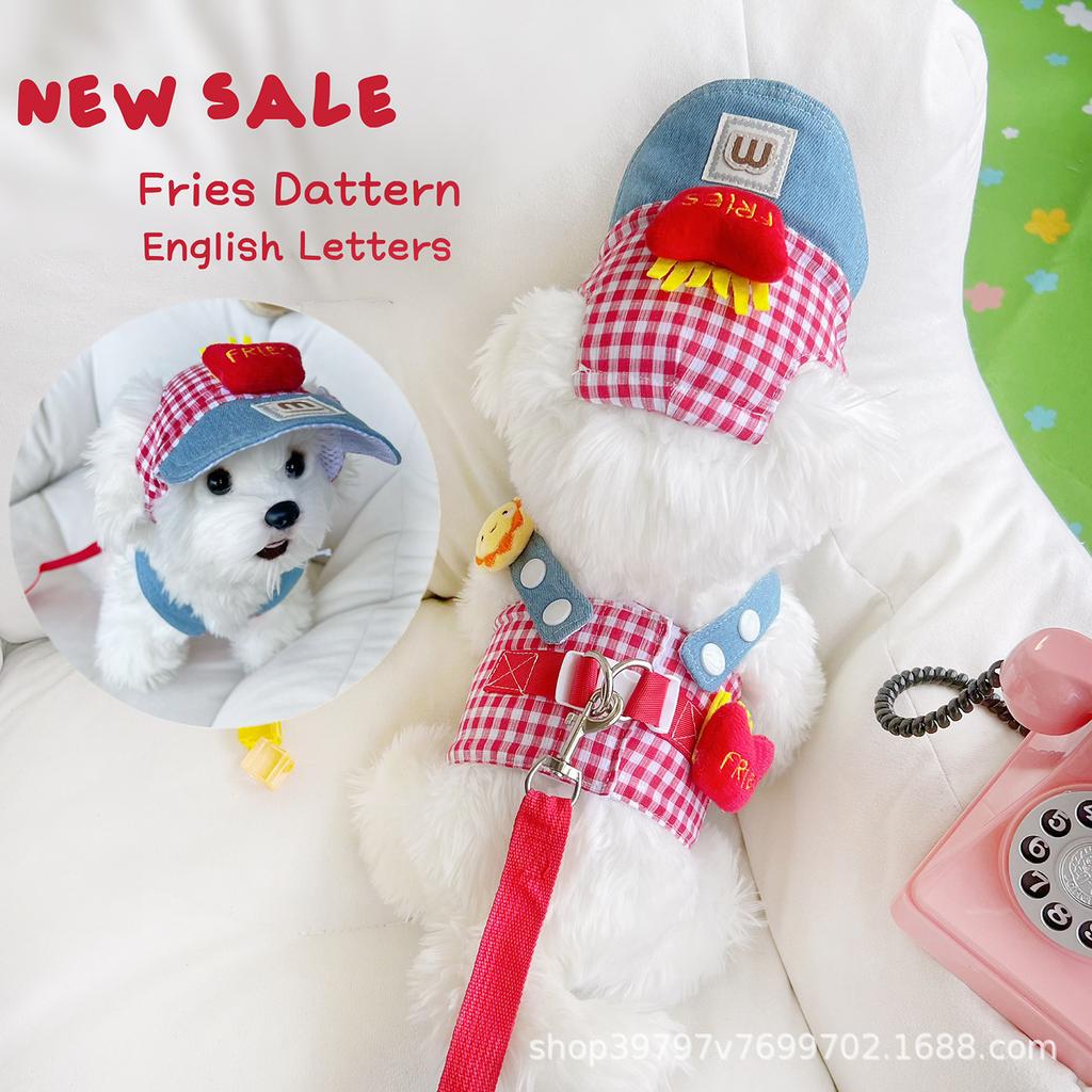 Original Spring, Summer and Autumn Pet Clothing Chest and Back Traction Rope Cat Dog Clothing Hat French Fries Traction Out Suit