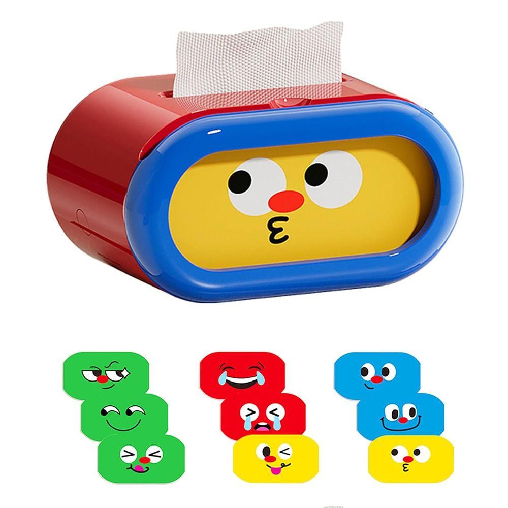 Large-Capacity Cartoon Tissue Box Pull-Out Design Interchangeable Expression Desktop Tissue Case Built-in Spring Space-saving