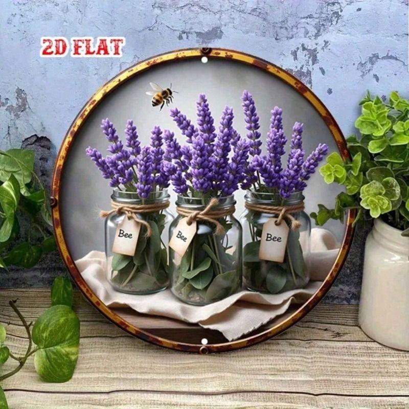 

Vintage Lavender Bee Metal Wall Sign, Round Aluminum Poster 20cm for Home