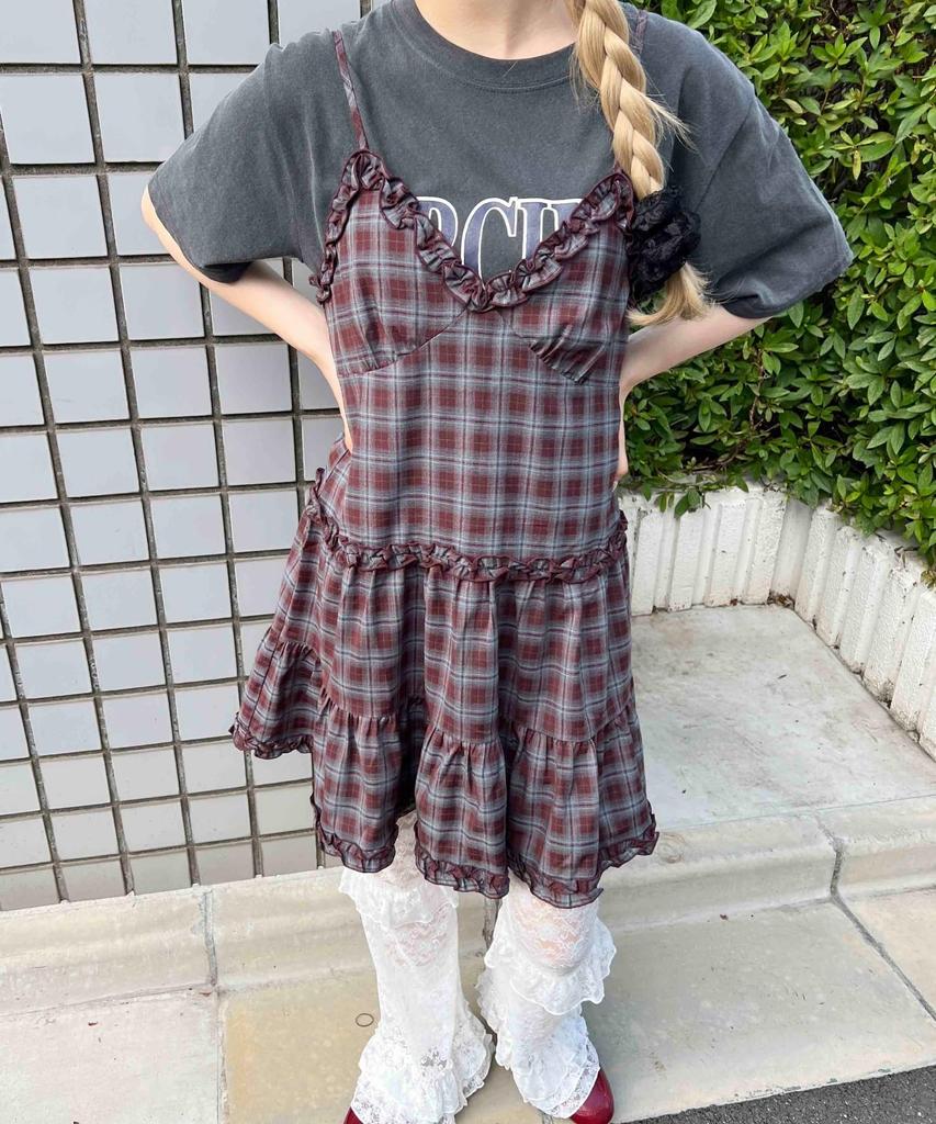 WEGO WC Ruffle Check Camisole Girly and Size Wine Dress, Cute, Women's, F,