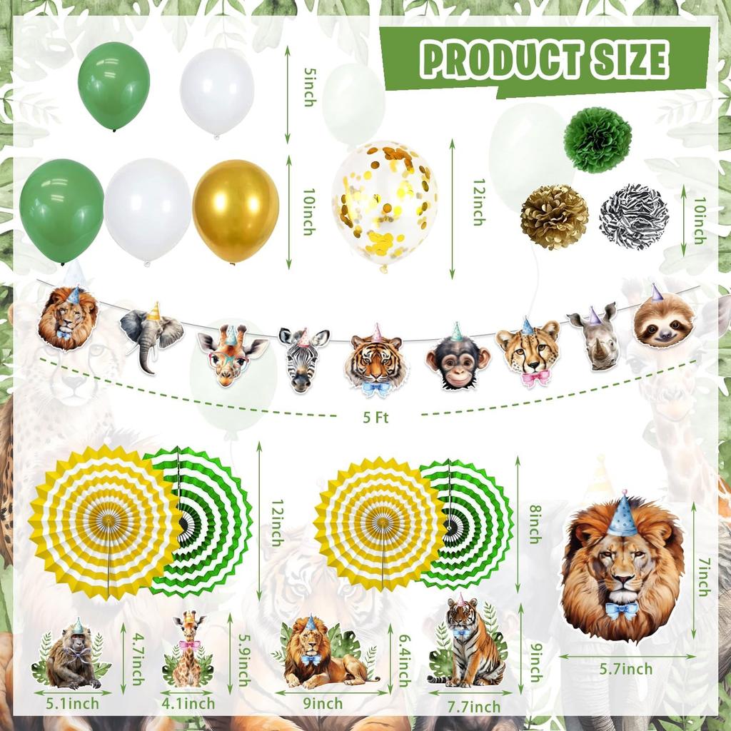 Mpanwen Safari Jungle Birthday Party Decorations, 125 Pcs Safari Zoo Animal Theme Party Supplies for Baby Boys - Backdrop, Cupcake Toppers, Palm