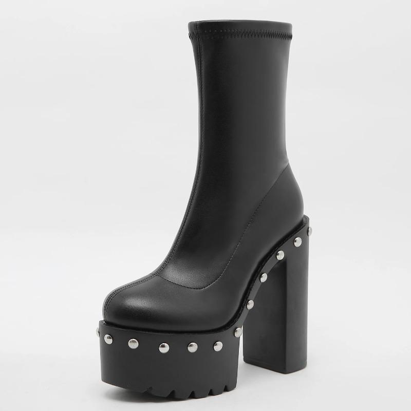 Fashion 14cm Heeled Platform Ankle Boots Woman Round Toe Autumn Shoes Punk Chunky Motorcycle Boots Big Size 43 Ladies High Heels