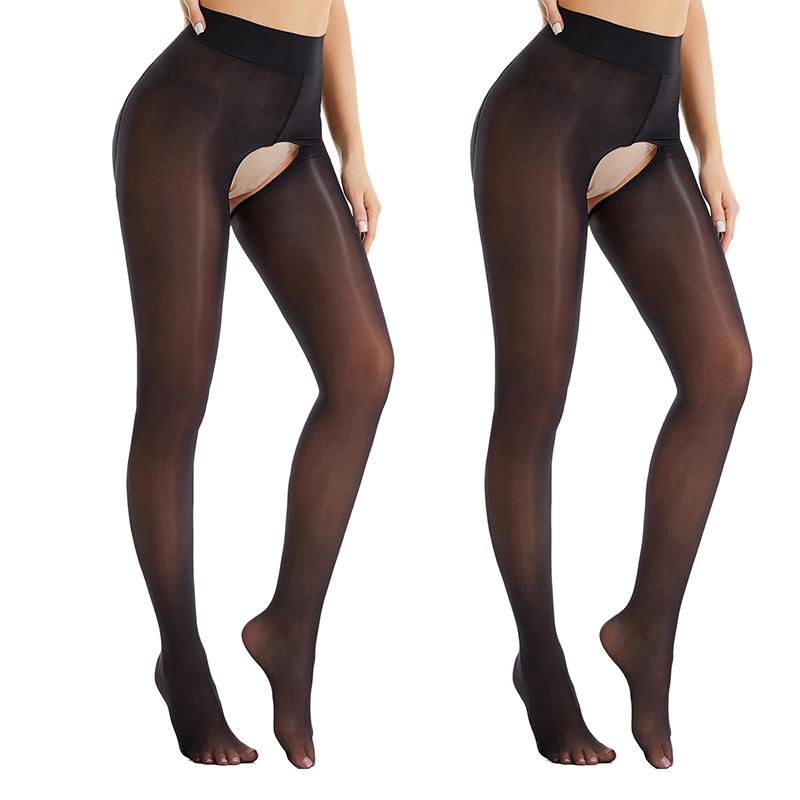 Neue Glänzende Open Crotch Strumpfhosen Hohe Taille Schimmernde Durchsichtige Strümpfe Damen Funkelnde Öl Crotchless Strümpfe Leggings L black