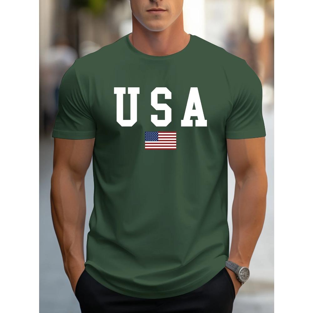 Men's 100% Pure Cotton Summer Loose Fit Large Usa Print Casual Slim Fit Round Neck Short Sleeved T-shirt Top