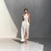 Damen Neckholder Ärmelloses Midi-Kleid Figurbetont Hoher Bund Elegant Einfarbig Schlitz Wickelkleid