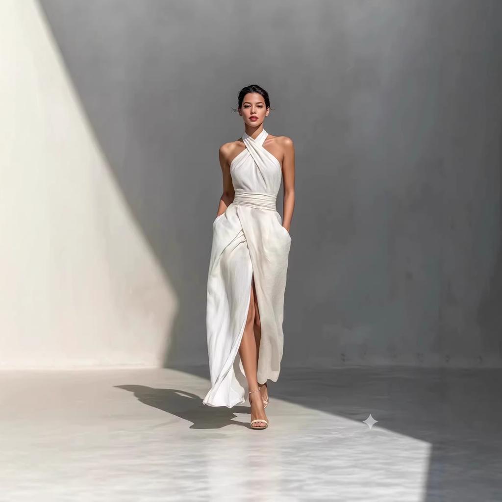 Damen Neckholder Ärmelloses Midi-Kleid Figurbetont Hoher Bund Elegant Einfarbig Schlitz Wickelkleid