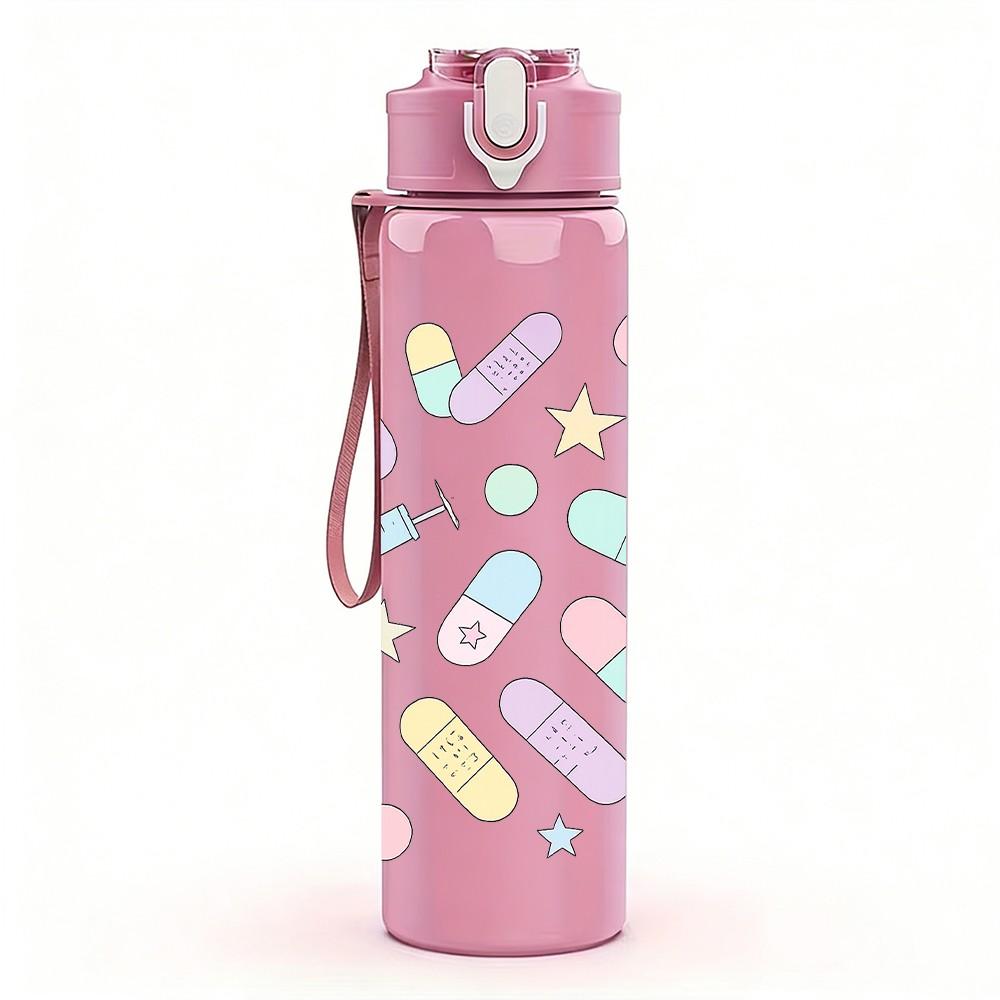 1PC Medical Supply Sticker Pack 750ml Color Plastic Sports Water Bottle Leakproof Flip Straw Lid Suitable for Sports Office Home Use