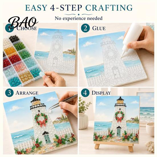 Handmade Christmas Ornaments Lighthouse Mosaic Art Kit for Adults, DIY Coastal Craft with Theme Projects Colorful Acrylic Pieces, Decoration