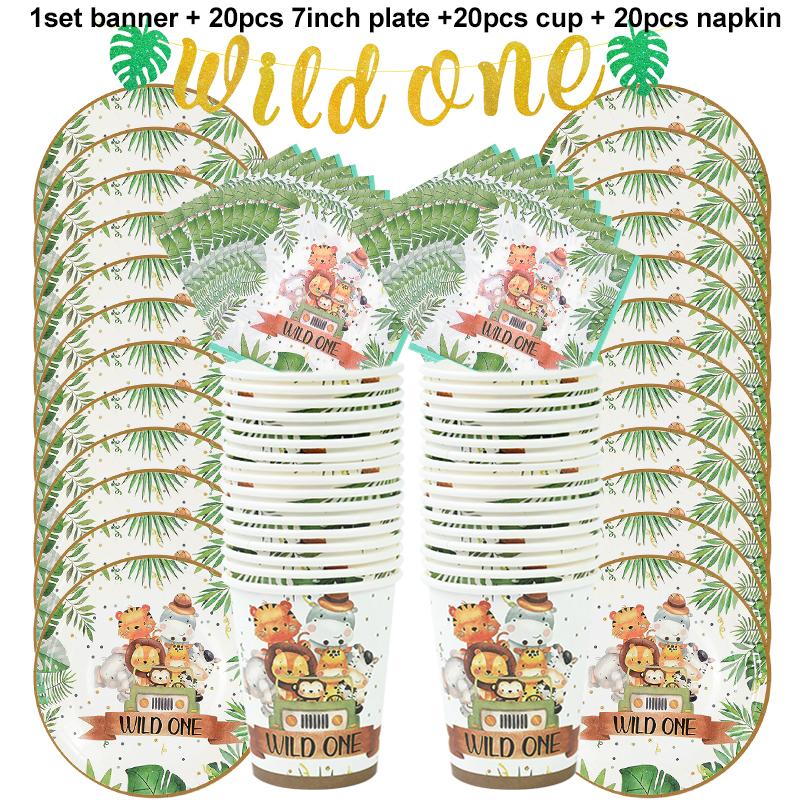 61Pcs Jungle Animal Disposable Tableware Set Paper Plate Cup Napkin Banner Kids Boy Forest Safari Theme Birthday Party Supplies