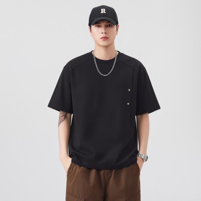 Men s 2026 Summer Heavyweight Short Sleeve Patchwork T-shirt – Trendy Versatile American Workwear Style L чёрный