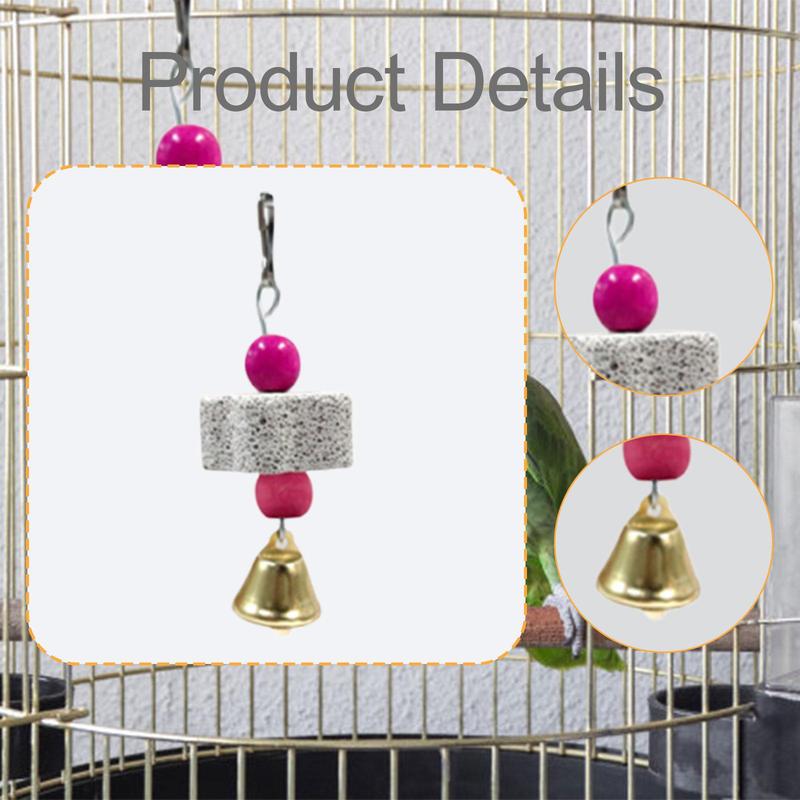 Parrot Teeth Grinding Hanging Toy Mineral Stone Wood Birdcage Accessories with Loud Bell for Small and Medium Birds
