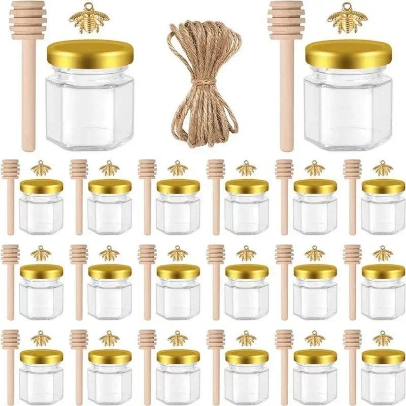1.5Oz Hexagon Mini Glass Honey Jars Sealed Jars with Bee Pendants,Jutes,Wood Dipper Jam Jars for Party Favors Wedding Birthday