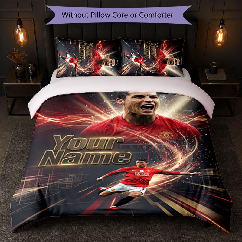 Set Biancheria da Letto Personalizzato Cristiano Ronaldo con Nome Testo 1 Copripiumino+2 Federe Logo Calcio Regalo Personalizzato per Occasione Speciale Arredamento Camera da Letto