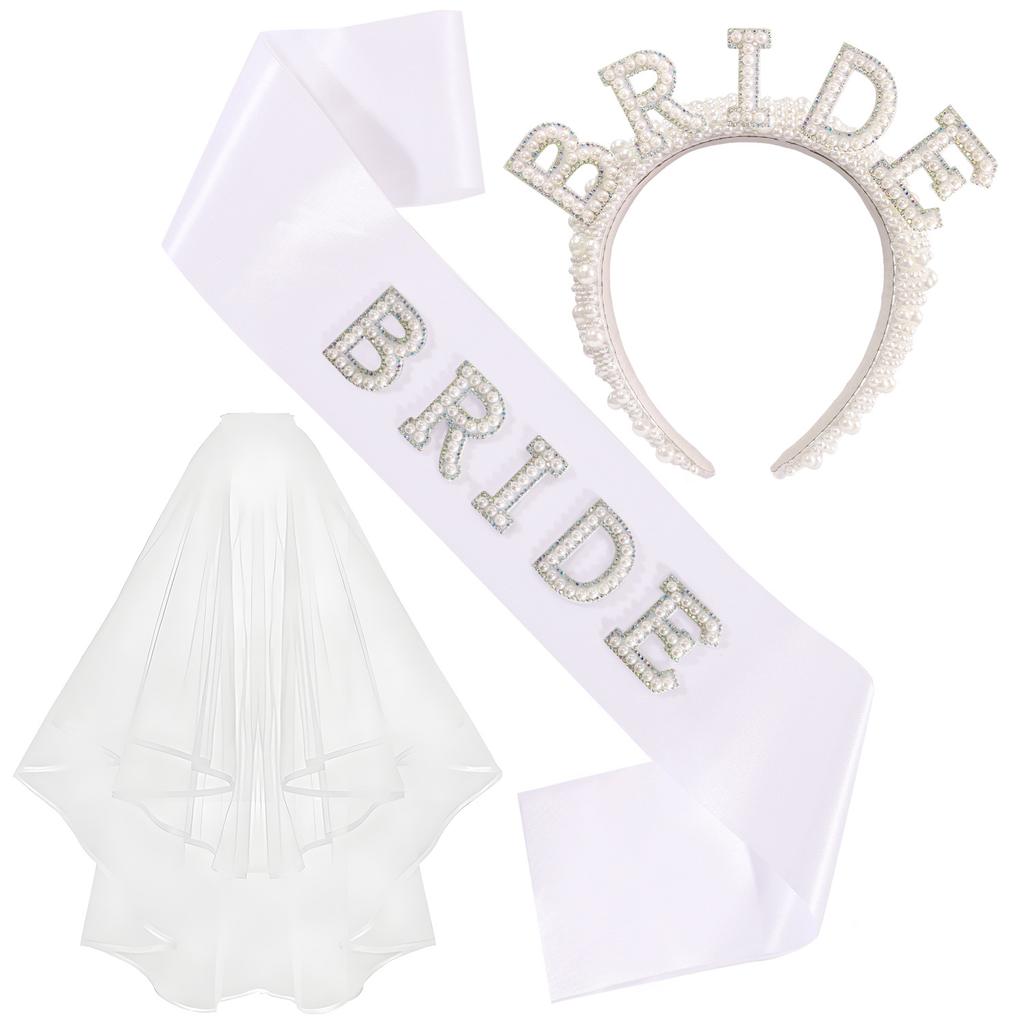 2026 Fashion Bride Bachelor Party, Bride Pearl Crystal Shoulder Strap Veil Headband Ribbon
