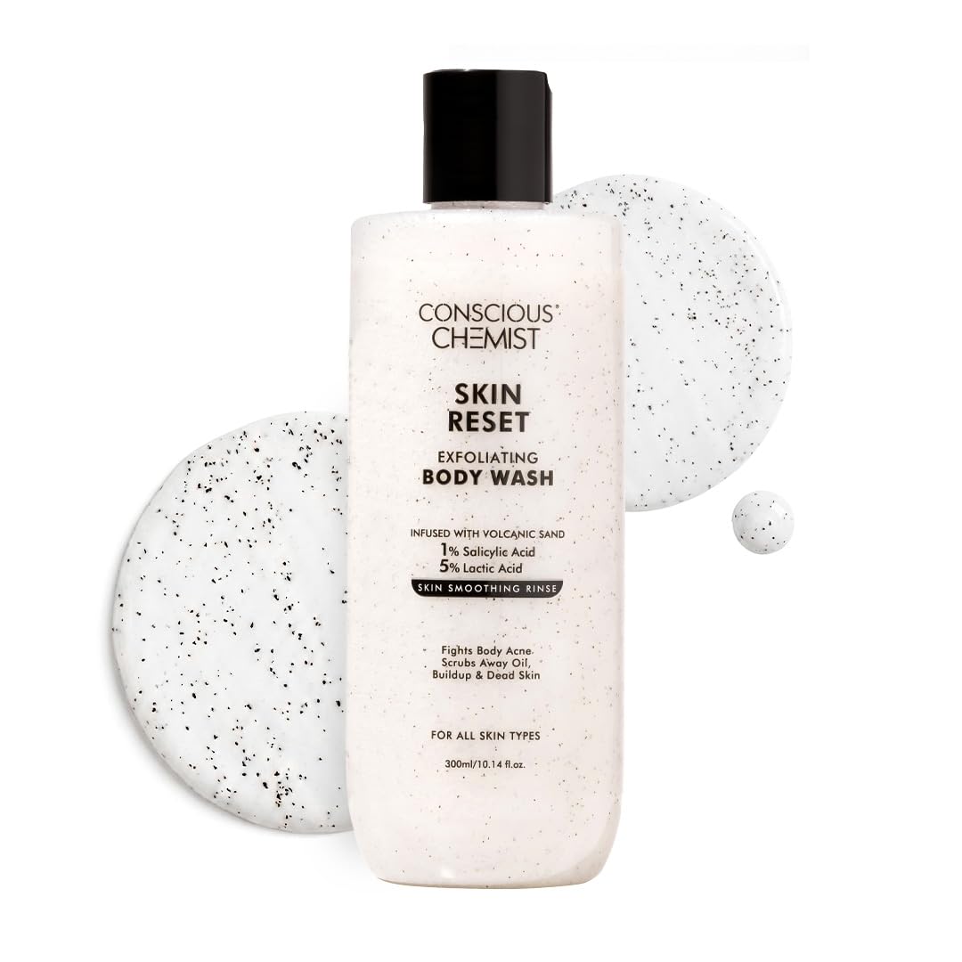 

Conscious Chemist® Очищающий гель для душа Skin Reset с отшелушивающим эффектом | 300 мл | Гель для душа с 1% салициловой кислоты, вулканическим песком и молочной кислотой | Отшелушивает, Очищает B