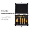 5-Piece Triangular Shank Stepped Drill Bit Set, Yellow Nitrided, Metric & Imperial Sizes, with Straight Flute in Aluminum Box Packaging.