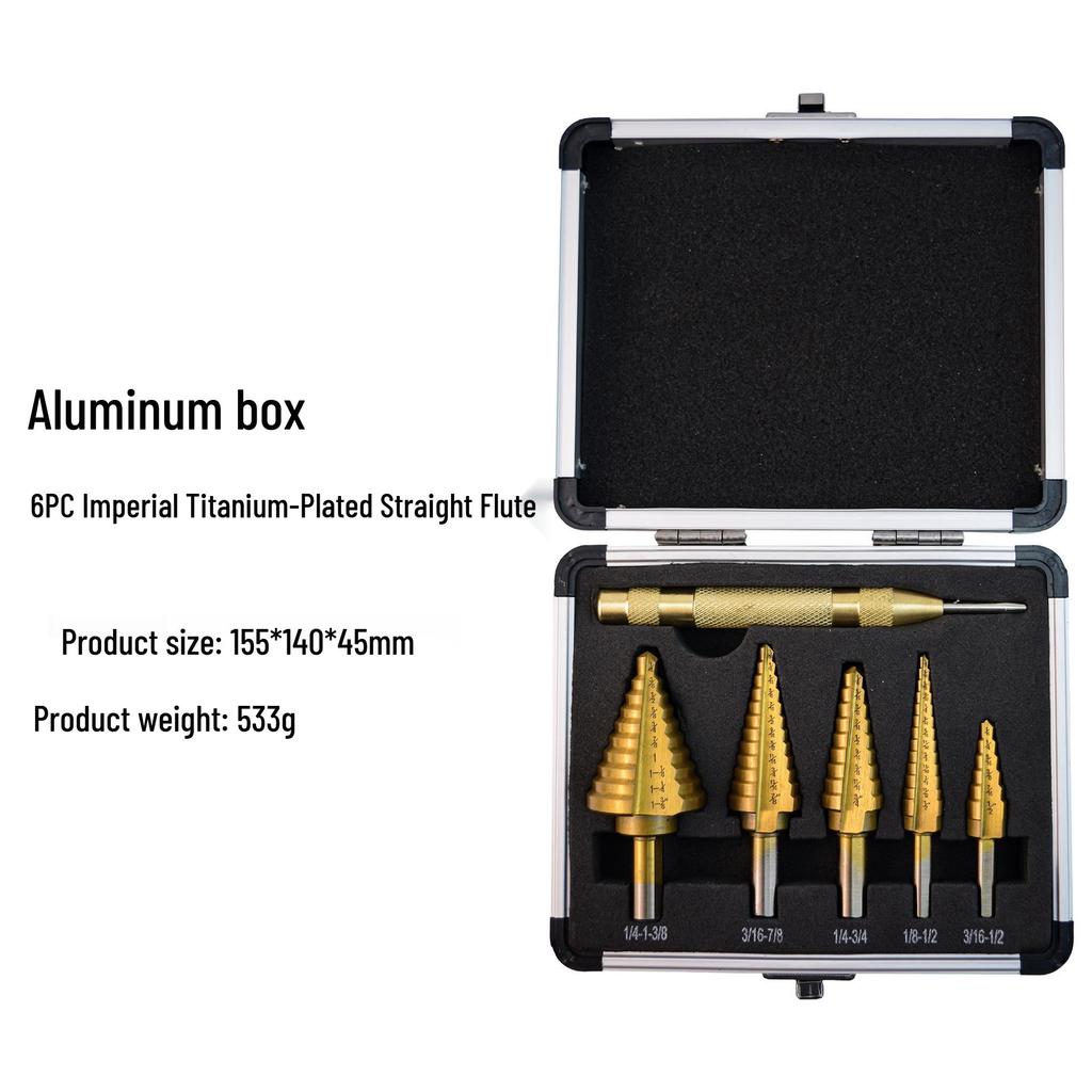 5-Piece Triangular Shank Stepped Drill Bit Set, Yellow Nitrided, Metric & Imperial Sizes, with Straight Flute in Aluminum Box Packaging.
