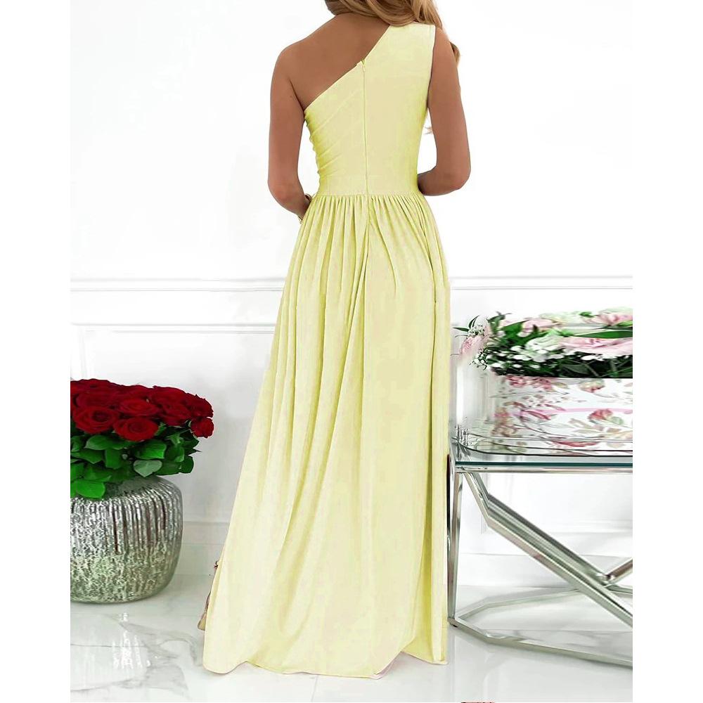 Women's Slant Shoulder Long Temperament Sleeveless Sexy High Waist Split Dresses Elegant Evening Party Dresses Cocktail Party