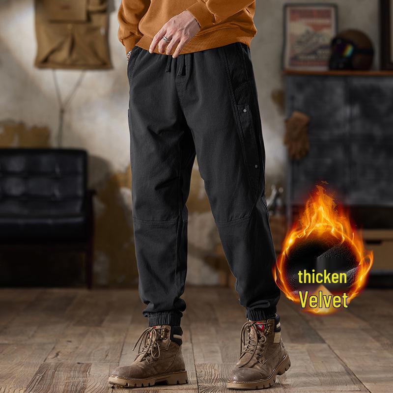 Men's Fleece-Lined Cotton Joggers - American Retro Style, Winter Casual Pants