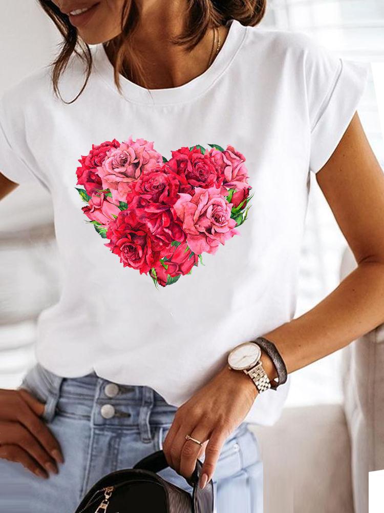 Women's Short-sleeved T-shirt, Fashionable Flower Print Bottoming Shirt