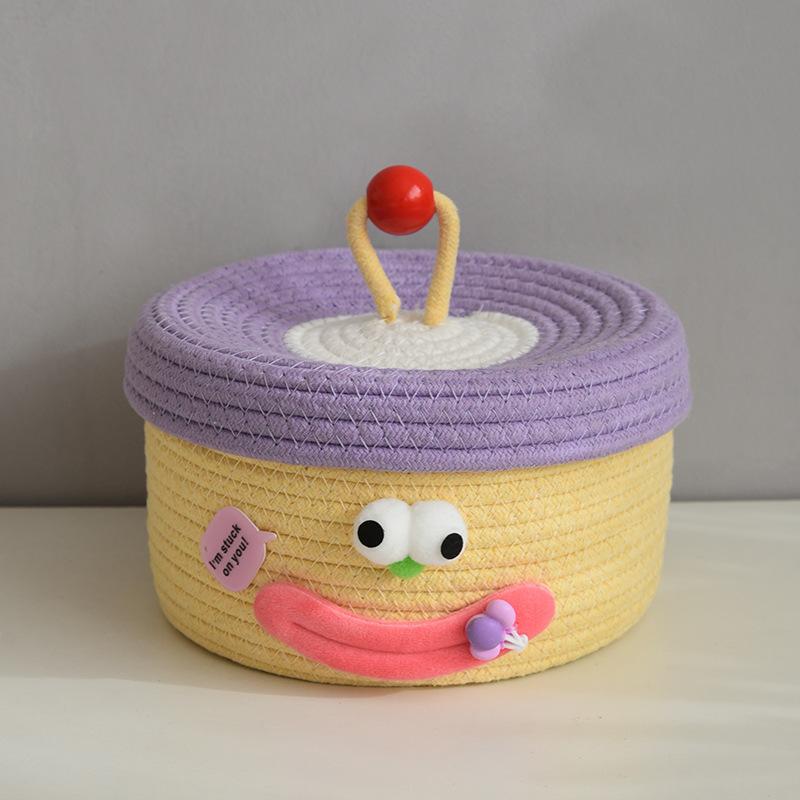 

Cartoon Smile Cotton Rope Woven Storage Basket with Lids Desktop Organizers for Sundries Snack Needles Kids Toys Container