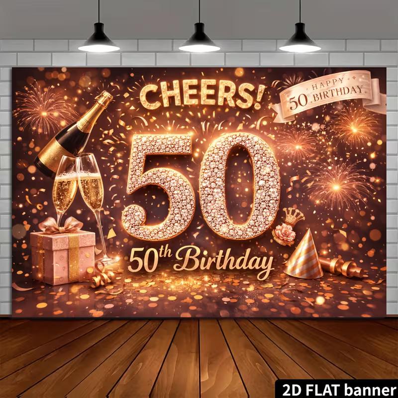2D Rose Gold 50th Birthday Backdrop Shiny Diamond Number 50 Photography Banner