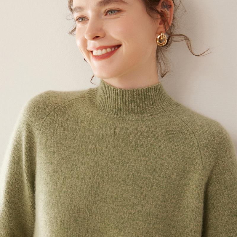 Women's Cashmere Floral Raglan Sweater, Double-Ply, Half-High Collar, Luxurious Knit