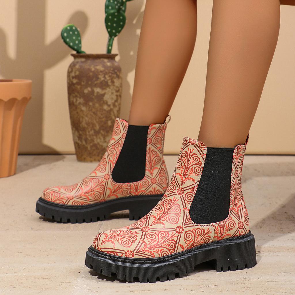Round Head Printed Elastic Thick-soled Fashion Boots Autumn and Winter New Medium Tube Women's Boots Medium Heel Women