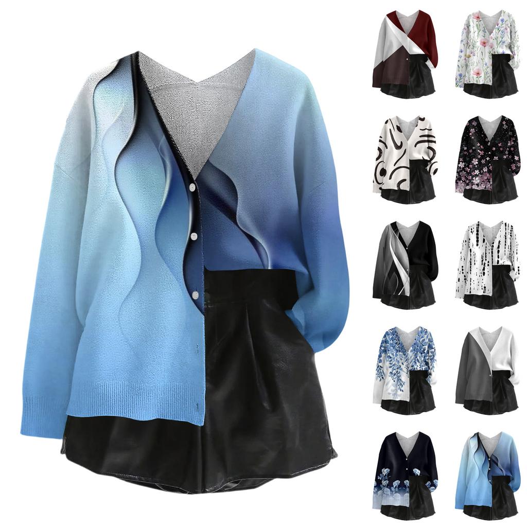 Women's V Neck Top Printing Thickened Plush Cashmere Warm Long Top