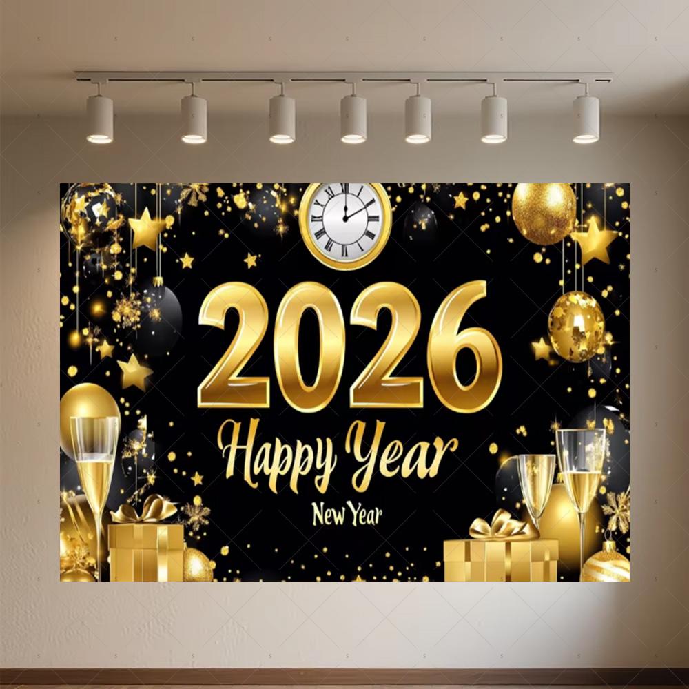 

Black Gold New Year Background Banner Glitter 2026 Happy New Year Backdrop Supplies Balloons New Year Party Decoration Gifts 90x60 CM