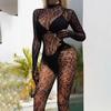 Women Sex Jumpsuit Hollow Out See-through Lace Fishnet Long Sleeves High Elasticity Thin Skinny Half-high Colllar Lady Honeymoon Wedding Jumpsuit