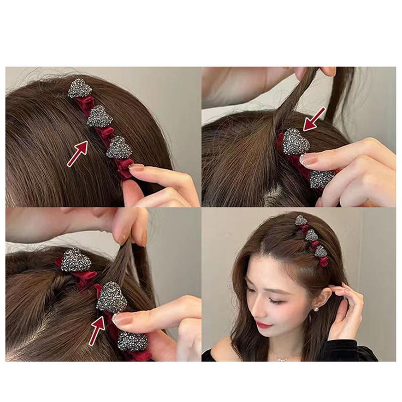 Double Layer Flocked Bangs Side Clip Crystal Love Heart Hair Braiding Hairpins Women Girls Clip Bangs Barrettes Hair Accessories Forehead Bangs Clip