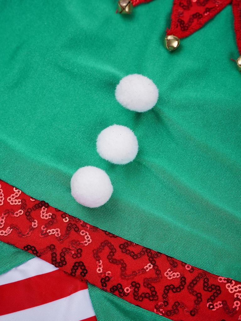Kids Christmas Costume Color Block Jumpsuit Bell Pom Pom Sequin Adorned Elastic Headband Holiday Party Outfit