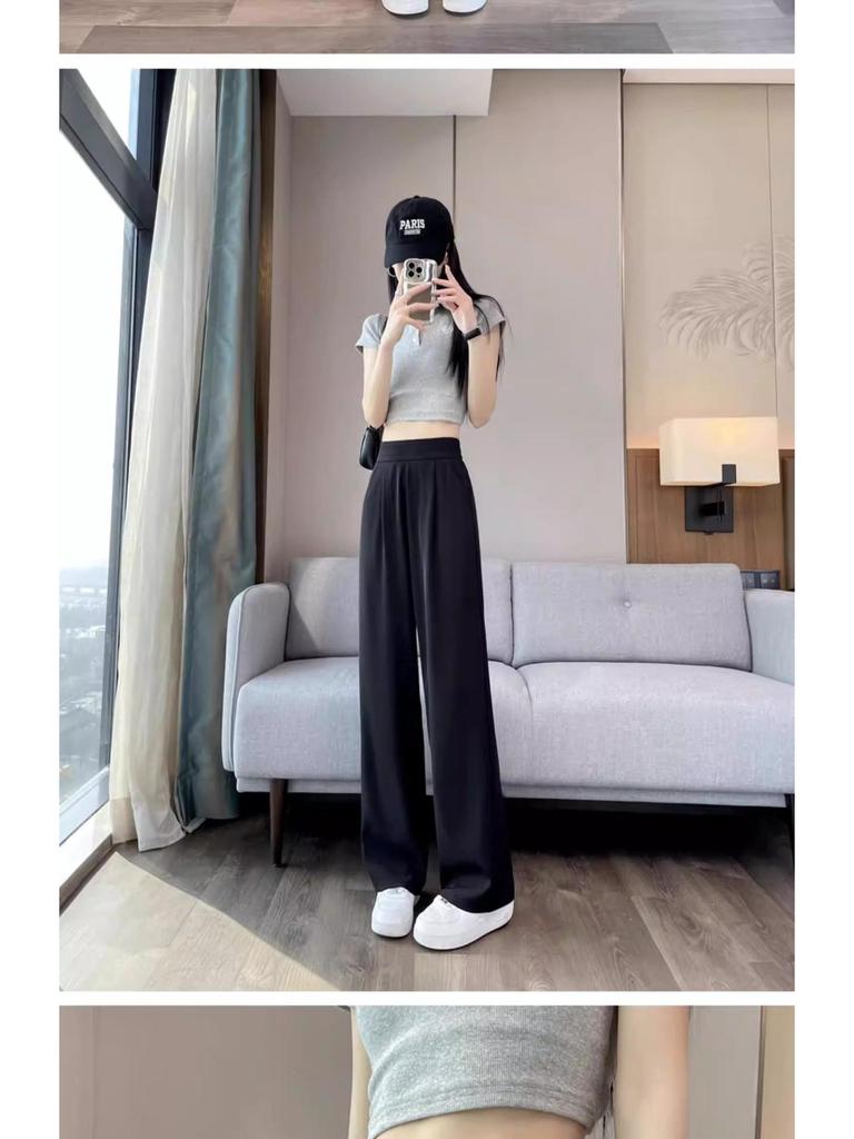 Women's 2026 High-End Grey Wide-Leg Pants - Spring/Summer Straight-Leg Design