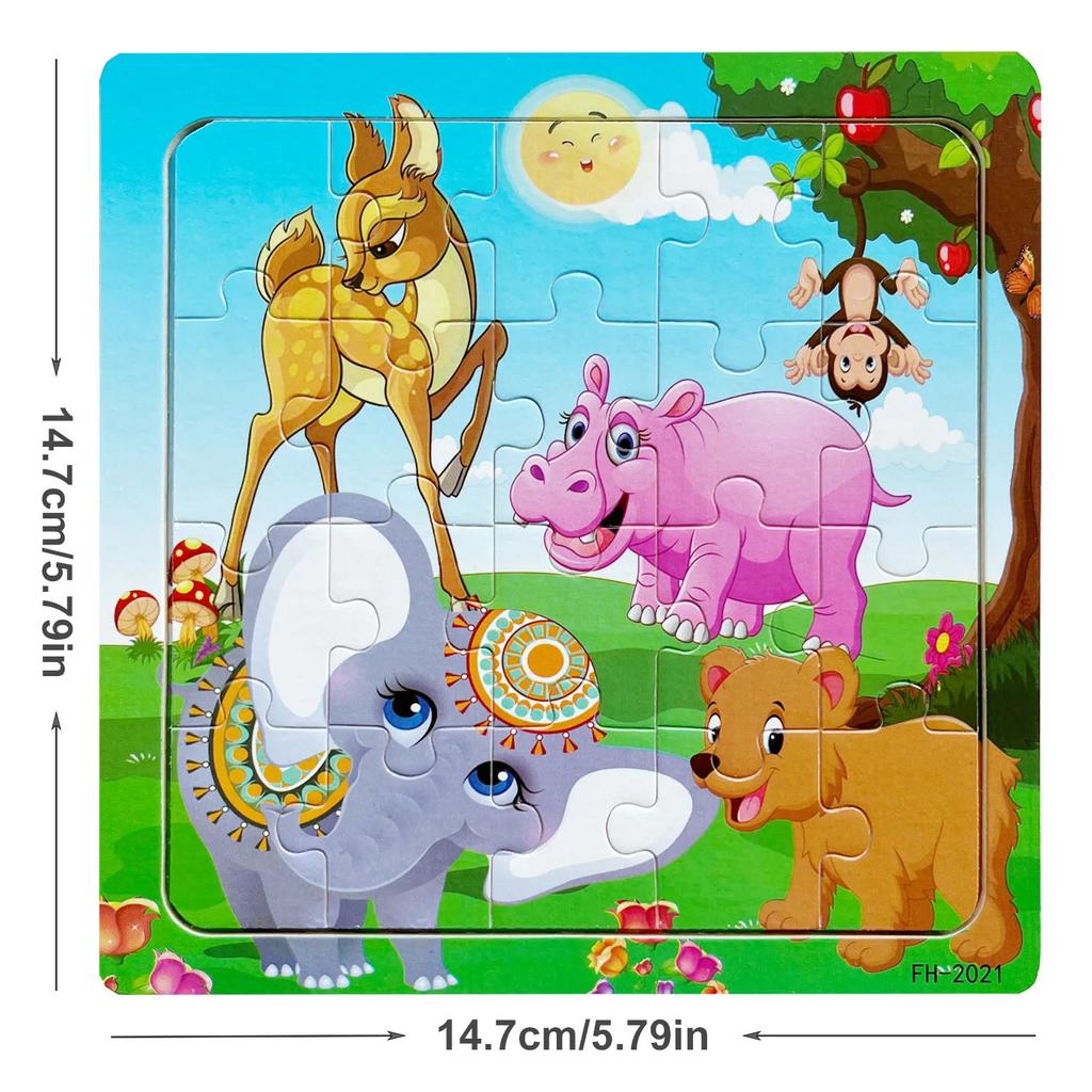 14.7cm/5.79in Wooden Jigsaw Puzzles Cartoon Animals Pattern Montessori Games Kids Educational Learning Wood Toys for Children