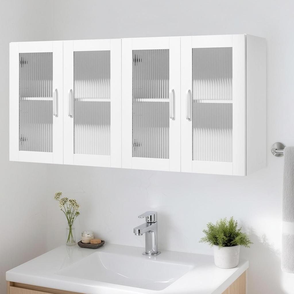 VEVOR Laundry Room Wall Cabinet, 2-Tier Wall Mounted Cabinet with Adjustable Shelf, Cupboard Storage with 4 Doors, for Kitchen, Bathroom, Laundry