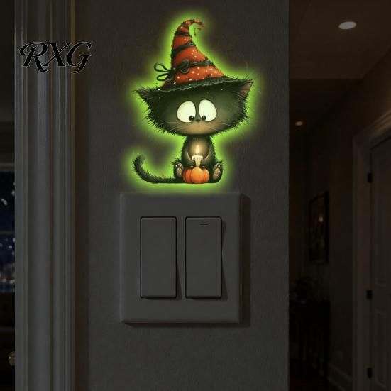 Halloween Bedroom Wall Art Glow in The Dark Switch Outlet Stickers, Cute Black Cat Witch Theme Decals Pumpkin Skull Decals, Waterproof Self-Adhesive