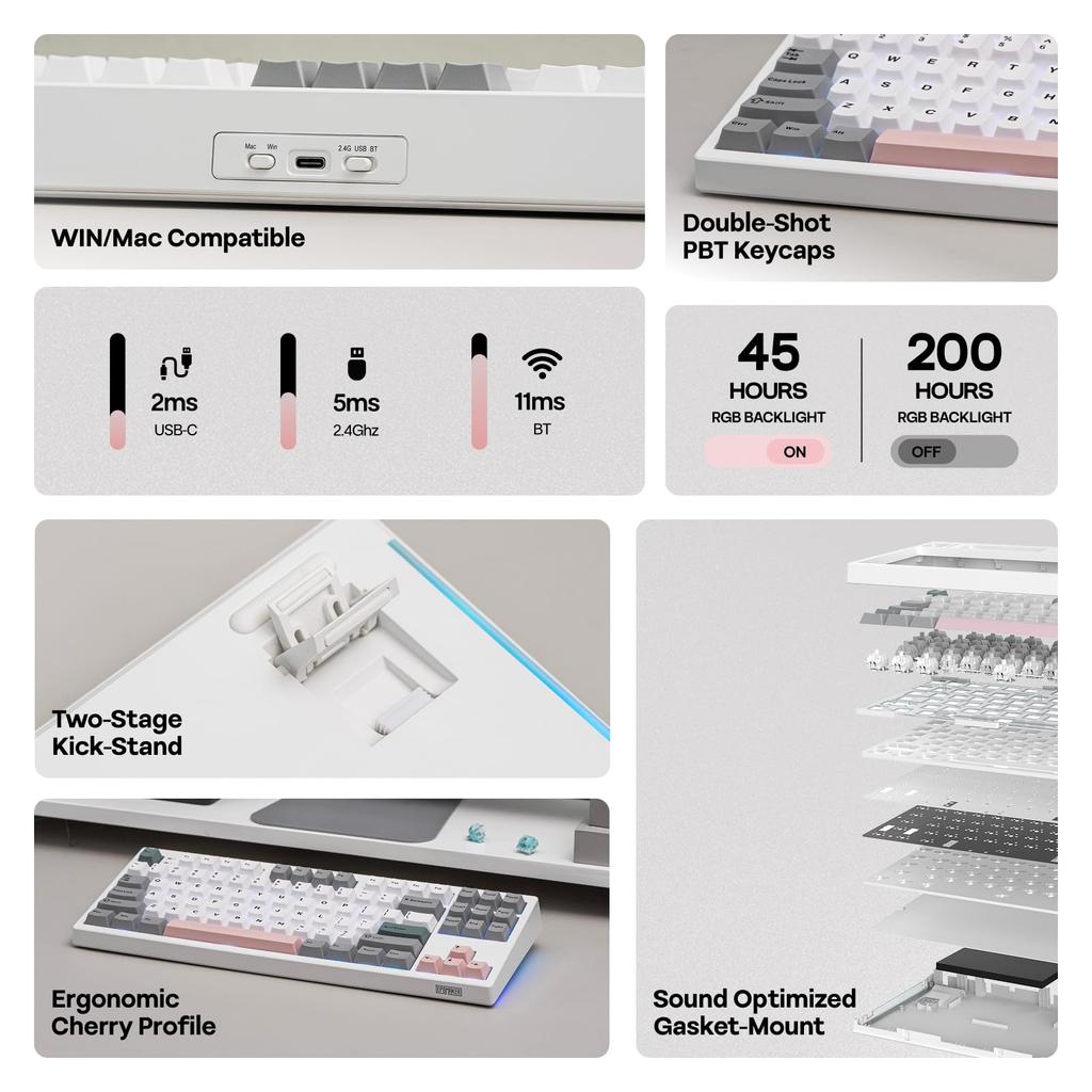 EPOMAKER TH87 Kabellose Mechanische Tastatur mit 10000mAh Benutzerdefinierter PBT RGB Gasket TKL Gaming Kompatibel Jade Akku, BT/2.4GHz/USB Kabelgebunden, Tenkeyless,