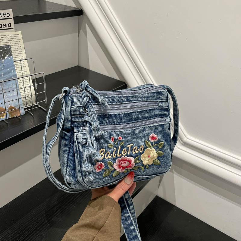 Borsa a Tracolla in Denim da Donna con Ricamo di Gattino Cartone Animato e Multi-scomparti